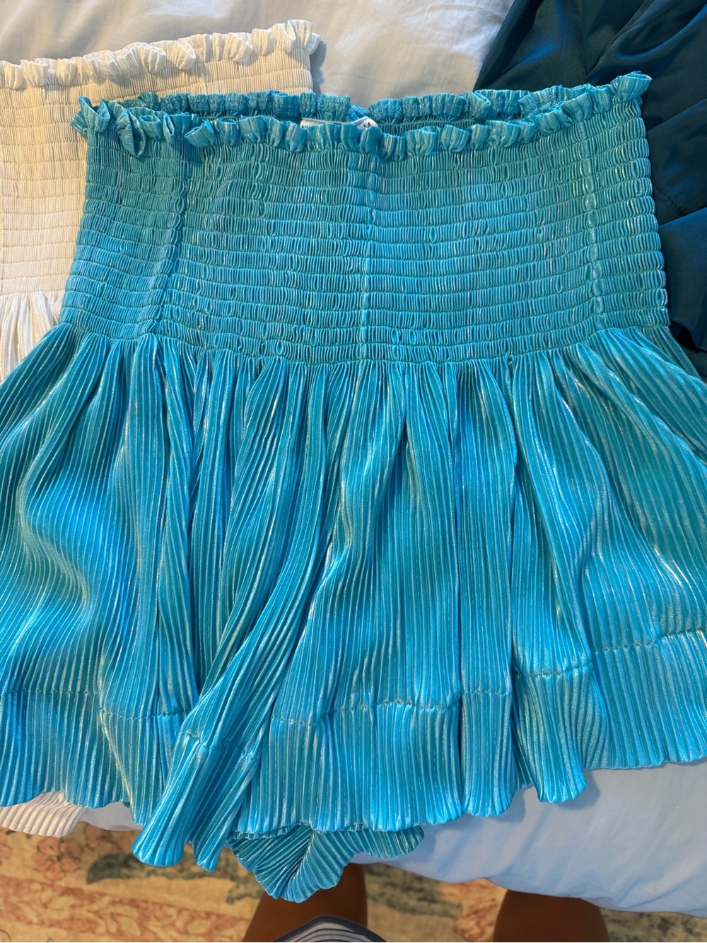 QUEEN OF SPARKLES Smocked Pleated Mini Skirts in White, Turquoise, Teal, Fuchsia - Picture 4 of 6
